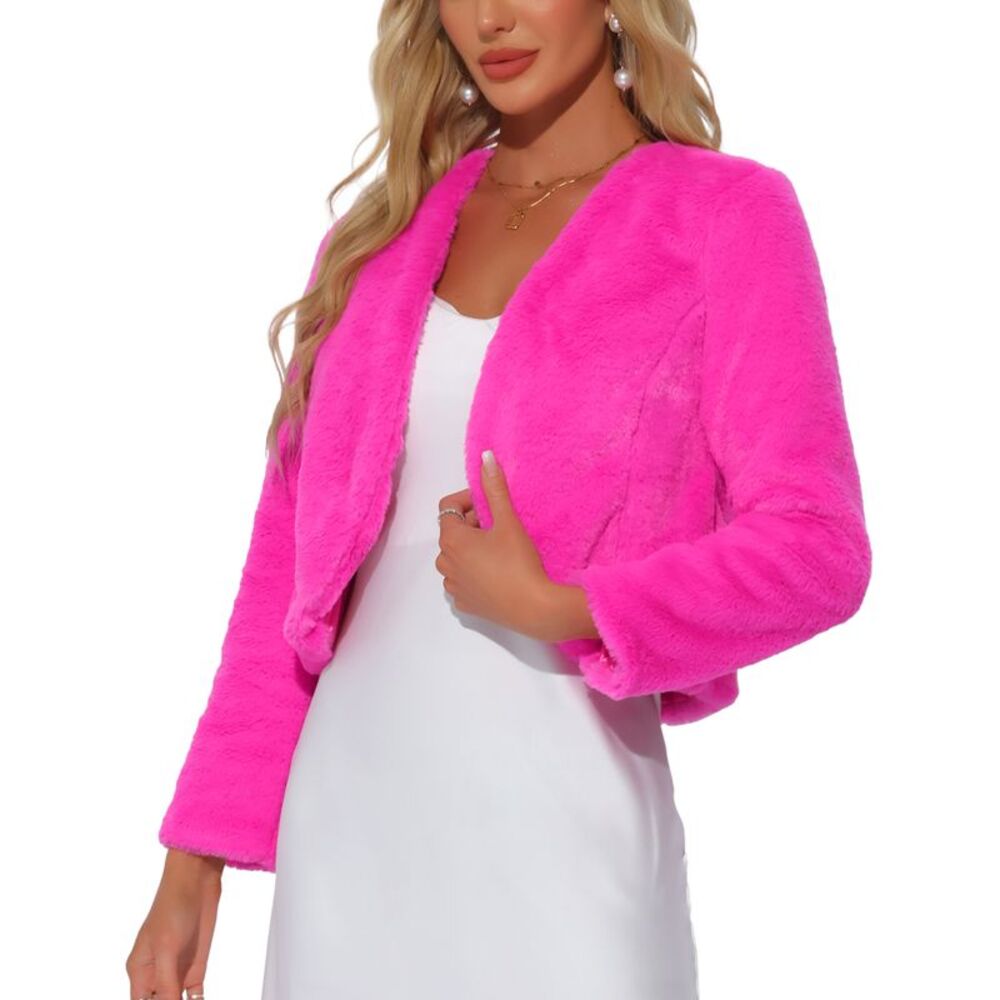 Cropped Jacket Faux Fur Long Sleeve Open Front Bolero Winter Coat Hot Pink